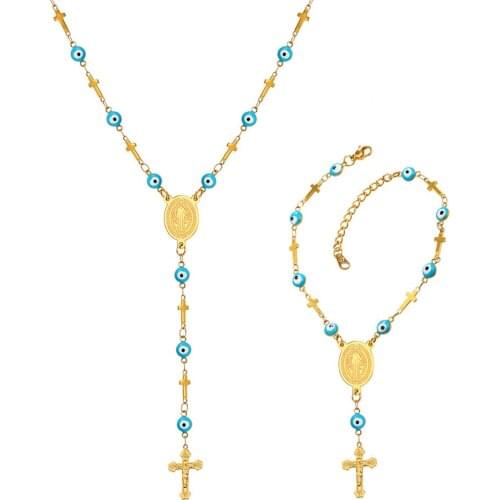Kpop Christian Jewelry Set Stainless Steel Gold Color Praying St. Benedict Medal Crucifix Cross Necklace Bracelet Women GN2215