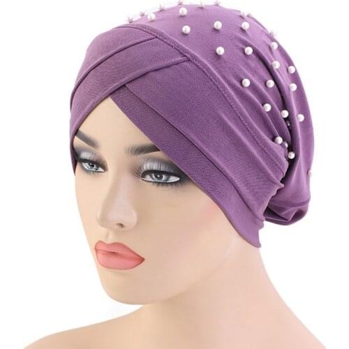 New Women Elastic Turban Hat Muslim Hijab Islamic Beads Cancer Chemo Cap Ladies Hijab Stretch Hijab Cap Muslim Scarf