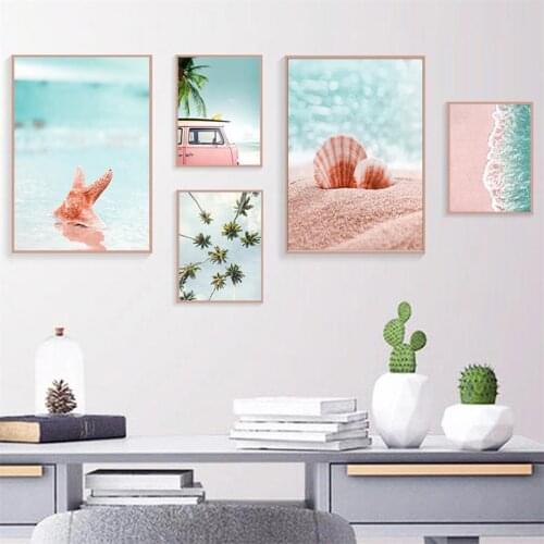 Pink Car Palm Tree Beach Shell Umbrella Nordic Posters And Prints Wall Art Canvas Painting Wall Pictures For Living Room Decor