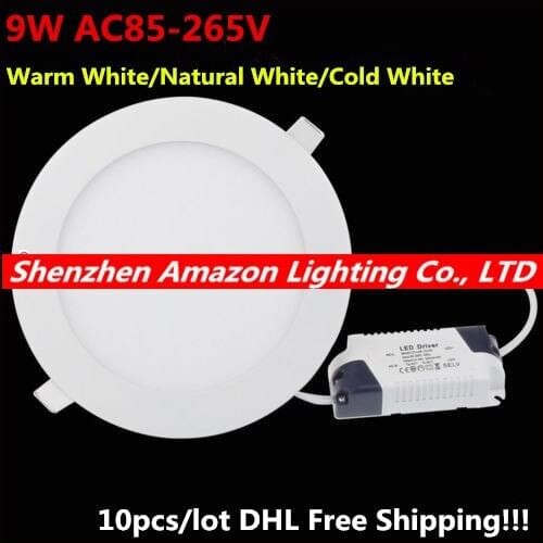 Lowest price! 9W LED Ceiling Downlight Light super bright led panel light AC85-265V Warm White/Natural White/Cold White DHL Free