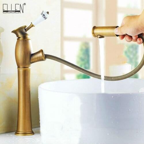 Pull Out Bathroom Sink Mixer Tall Antique Bronze Basin Sink Crane Hot and Cold Water Copper Mixer Tall Crane 7530