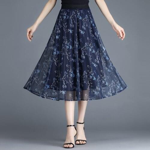 Floral Printed Lace Midi Skirts Female Summer 2021 New High Waist A-line Mid-length Mesh Pleated Skirt Young Women BSQ448