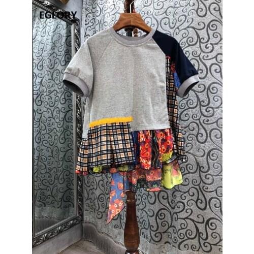 High Quality New Tops & Tees 2021 Spring Summer T-Shirt Women O-Neck Vintage Print Patchwork Short Sleeve Casual Grey Blue Tops