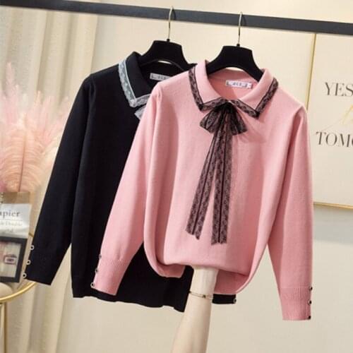 Women Sweaters and Pullovers 2021 Autumn Winter Korean Lace Turn-down Collar Plus Size Knit Sweater Fmeale Jumper Women Knitwear