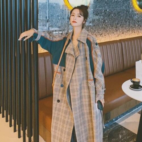 2021 Coat Female Loose Lattice Trench Coat Long Coats Korean Casual Woman’S Windbreaker Double Breasted Trench Coat For Spring