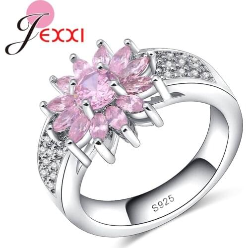 Hot 925 Sterling Silver Rings For Women Lovely Pink Crystal Sunflower Small Crystal Zirconia Rings For Girl Gift
