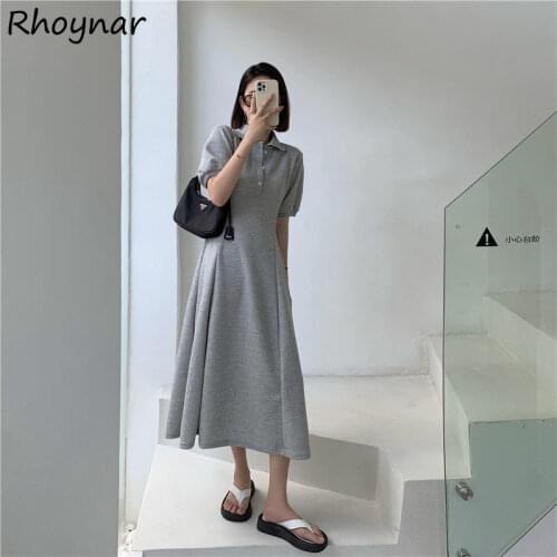 Dress Women Short Sleeve All-match OL Office Casual Slim Soft A-line Mid-calf Korean Style Trendy Streetwear Empire Solid Ladies