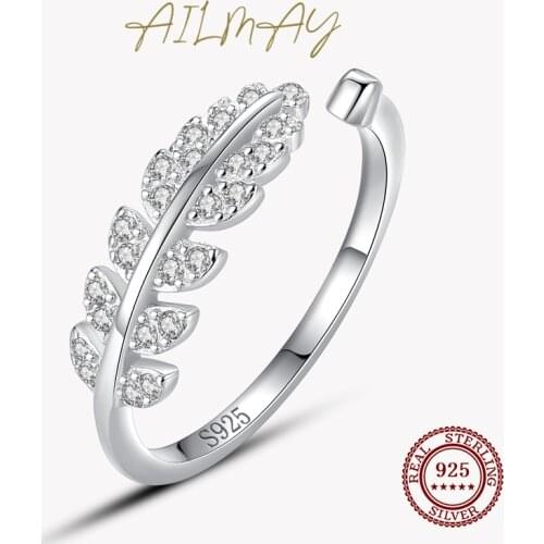 Ailmay 2021 Real 925 Sterling Silver Exquisite Feather Opening ring Finger Ring Clear Zircon Rings Fine Female Fashion Jewelr