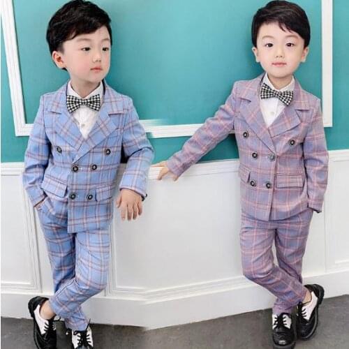 Summer Formal Kids Boys plaid Suits Blazers Sets Clear Gentleman Kids Baby Boys Suit Pant 2PCS /Set wedding party boys clothes