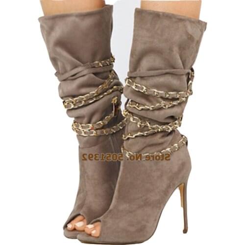 Pleated Suede Mid-Calf Booties Peep Toe High Heel Sandals Chain Decoration Plus Size Fashion Shoes Thin Heel Slip On Boot