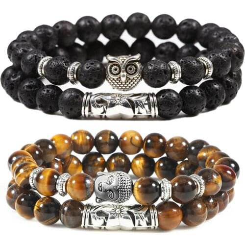 2Pcs/Set 8mm Beads Bracelet Natural Tiger Eye Lava Stone Couples Distance Yoga Bracelets for Men Women Jewelry Friendship Gifts