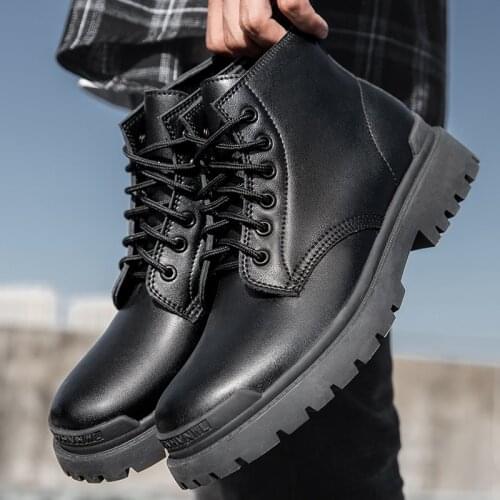 Black high-top leather Martin boots mens tooling boots winter plus cashmere tide wild Korean boots tide shoes snow boots