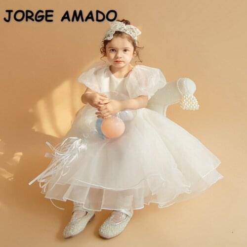 2021 Hot Sale New Summer Kids Girls Party Dresses Champagne Round Collar Bishop Sleeves Princess Dress Children Clothes E8900