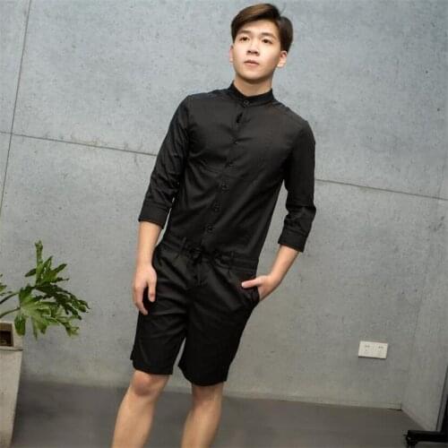 Spring and summer new fashion mens 3 / 4 sleeve casual overalls Jumpsuit shorts hairstylist slim Jumpsuit