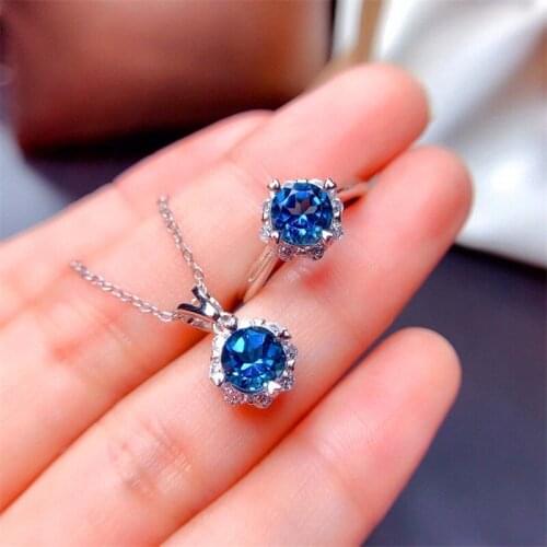 New Fashion Wedding Jewellery Sets Elegant Round Blue Crystal Jewelry Set Adjustable Open Rings Necklace Sets For Women