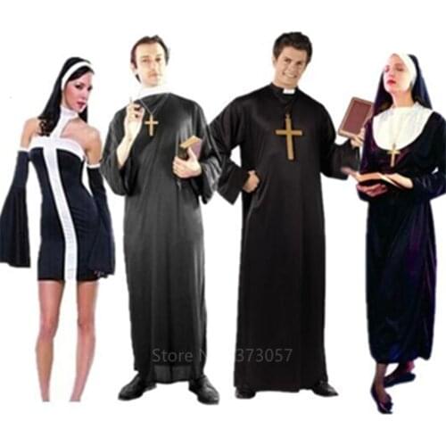 Missionary Cosplay Costumes for Adult Halloween Carnival Priest Nun Long Robes Religious Pious Catholic Church Vintage Clothing
