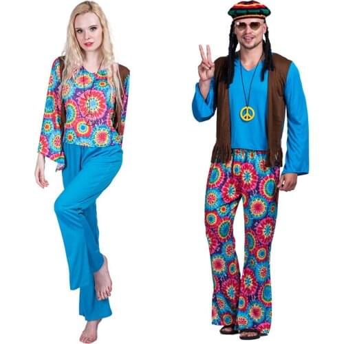 Adult women men flower Retro Hippie Peace And Love Hippie Costume halloweren party cosplay disco costume coat pants