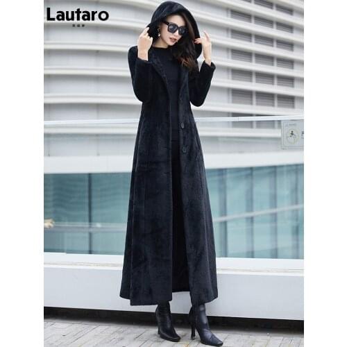 Lautaro Winter Extra Long Black Soft Warm Faux Fur Coat Women with Hood Long Sleeve Slim Fit Maxi Fluffy Korean Fashion 2021