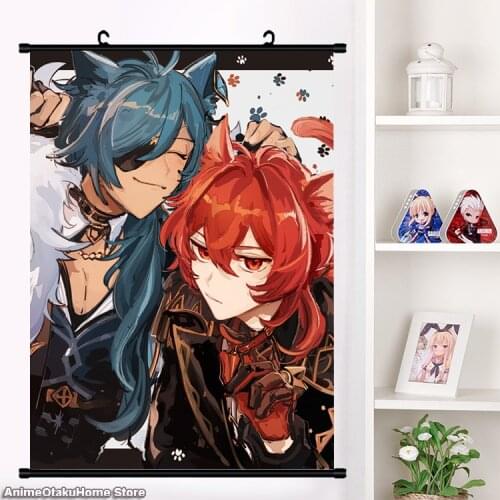 HOT Anime Games Genshin Impact Kaeya Diluc HD Wall Scroll Roll Print Painting Poster Home Decor Collectible Decorative Art Gifts