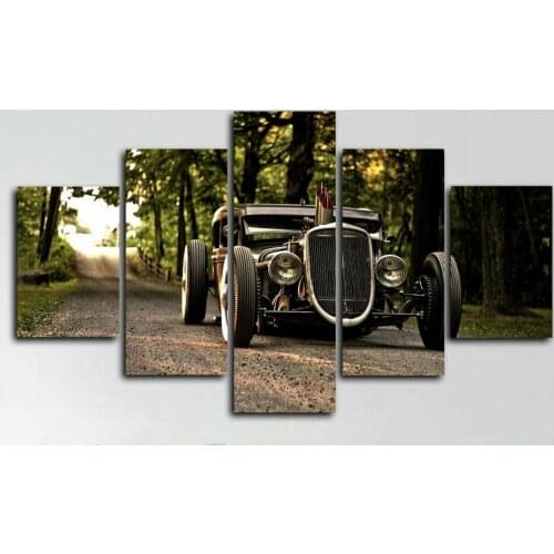 Hot Rod Classic Old Car Highway 5 Panel Canvas Picture Print Wall Art Canvas Painting Wall Decor for Living Room No Framed