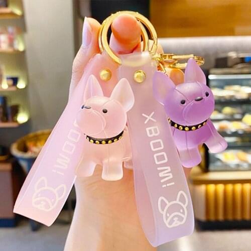 Fashion Clear Crystal French Punk Bulldog Keychain PU Leather Dog Keychains For Women Bag Charm Trinket Men Car Key Ring Jewelry