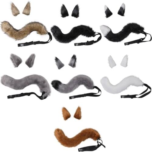 3 Pieces Animal Roleplay Furry Set Puppy Ear Headwear Long Fur Wolf Tail Anime Lolita Gothic Accessory for Costume Party