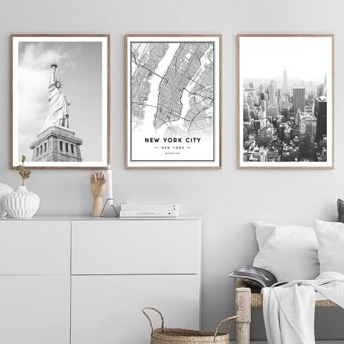 Nordic Posters And Prints Wall Art Canvas Painting Famous Scenery New York City Map Liberty Black White Pictures Home Decoration