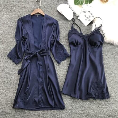 Pajamas Robe 2018 2019 Winter Sexy Lace Nightgowns Women Bathrobe Set Nighties Dress Long Sleeve Blouse Female Sleepwear Pijama