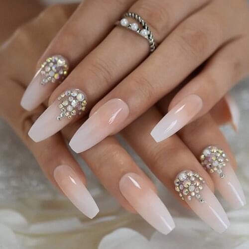 Luxury Coffin Nails with AB Rhinestones Ombre French Nail with Stones Long False Nails Natural Color Designed