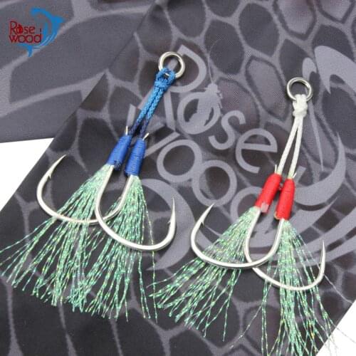 RoseWood Slow Jigging Fishing Cast Metal Jigs Assist Hook Barbed Thread High Carbon Steel 2 Hooks With PE Line Feather Pesca