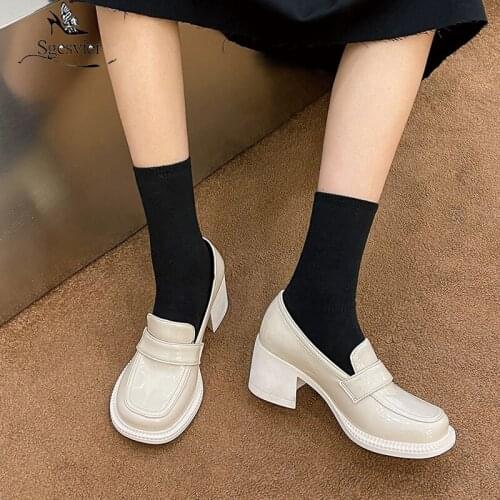 Sgesvier 2021 Square High Heels Casual Round Toe Slip On Ladies Shoes Spring Autumn Microfiber All Match Women Pumps Size 34-43