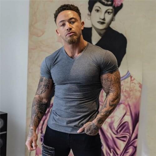 Sports Short Sleeve T Shirt Men Fashion Slim Fit V Neck T-shirt Cotton Solid Color Fitness Tees Tops Summer Gym Clothing