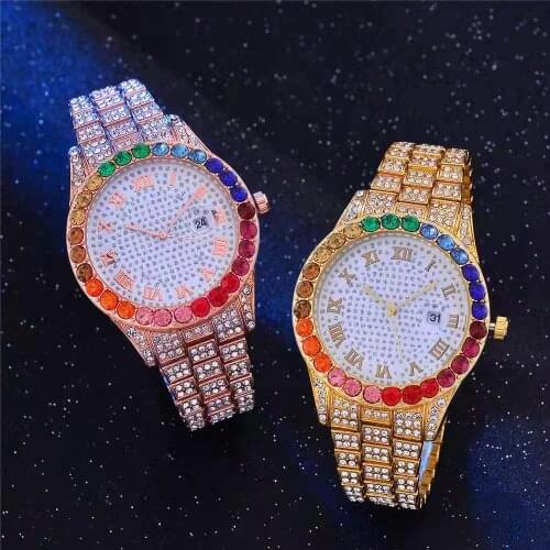 Ladies Iced Out Watch for Women Luxury Colourful Women Gold Watch Fashion Diamond Crystal Bling Bling Hip Hop Watch Reloj Mujer