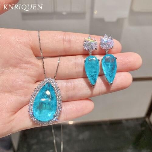 Vintage Blue Paraiba Tourmaline Gemstone Pendant Necklace for Women 925 Sterling Silver Lab Diamonds Wedding Fine Jewelry Sets