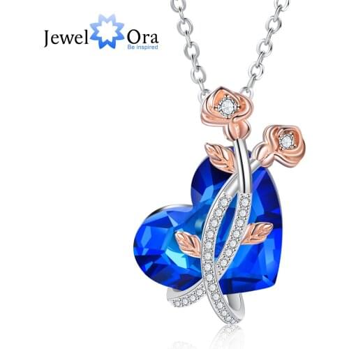 JewelOra New Classic Heart Blue Crystal Necklace with Rose Flower Silver Color Cubic Zirconia Pendants for Women Wedding Jewelry