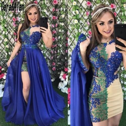 New Prom Dress with Detachable Graduation Gowns Royal Blue and Green Applique robe de soirée femme vestidos de noite