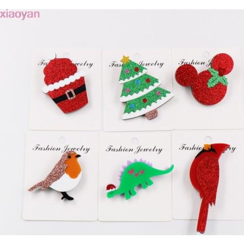 1pieces) Chirstmas Dinosaur Brooch (Safety Pin) Mouse Head Robin Bird Brooches Cardinal Bird Glitter Tree Acrylic Brooch