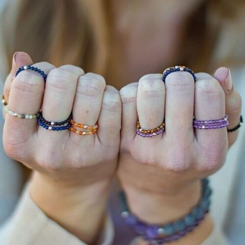2 mm Bohemian Handmade Natural Stone Rings Women with Stainless Steel Bead Section Beads Stretch Rope Wedding Ring Adjustable