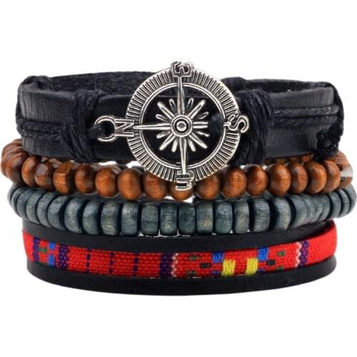 4pcs/set Handmade Hippie Punk Black Leather Rope Cord Brown Blue Wood Bead Compass Charm Stackable Wrap Bracelets for Man