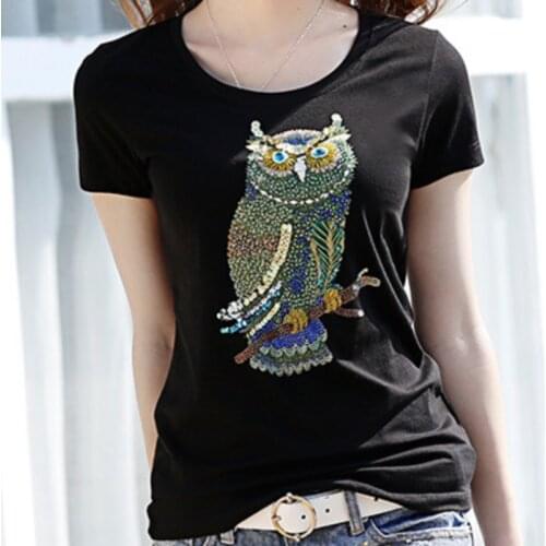 4XL summer Hand beading diamonds T shirt womens tops fashion sequined t-shirts rhinestone cotton tshirt bead Poleras De Mujer