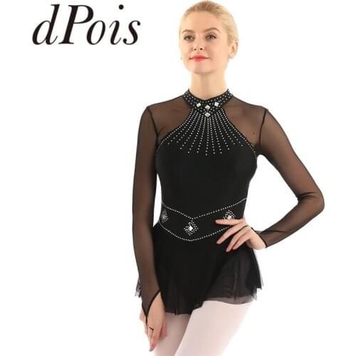 Womens Adult Shiny Rhinestones Long Sleeve Figure Ice Skating Dress with Fingertip Mesh Splice Gymnastics Ballet Leotard Dress
