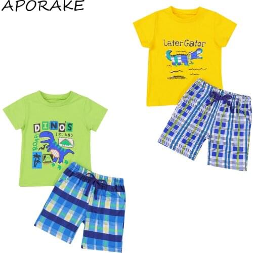 2021 1-6Y Casual Kids Baby Boy Clothing Set Cartoon Dinosaur Print Short Sleeve T-shirt+Plaid Shorts Loose Summer 2pcs Outfits