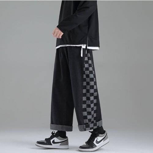 Lattice Stitching Jeans Loose Casual Straight-leg Nine-point Pants Closed Street Clothing Trend Hiphop Trousers Men Four Seasons
