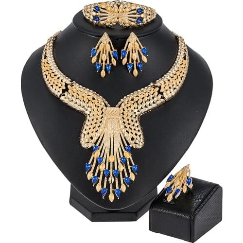 Dubai Elegant Bridal Jewelry Sets Gold Color Necklace for Women African Wedding Bracelet Earrings Rings Fashion Jewelry Set