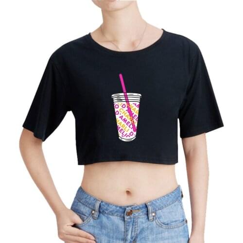 FADUN TOMMY Ice Coffee Splashed Navel T-shirt Charli Damelio t shirt Casual Element Shirt Girl Black T Shirt Fashion Girl Sexy