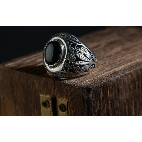 FNJ 925 Silver Flower Ring New Fashion Black AGATE Stone S925 Sterling Thai Silver Rings for Men Jewelry USA Size 6.5-10.5