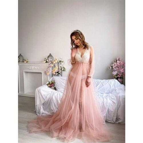Pink Women Robe Dress Photography Sleepwear Custom Made V Neck Long Sleeves Tulle Photoshoot Bathrobe