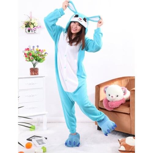 Kigurumi Blue Rabbit Pajamas Sleepwear Adult Onesie Animal Rompers Cartoon Cosplay Costumes Womens Men Jumpsuit Pyjama Sleepsuit