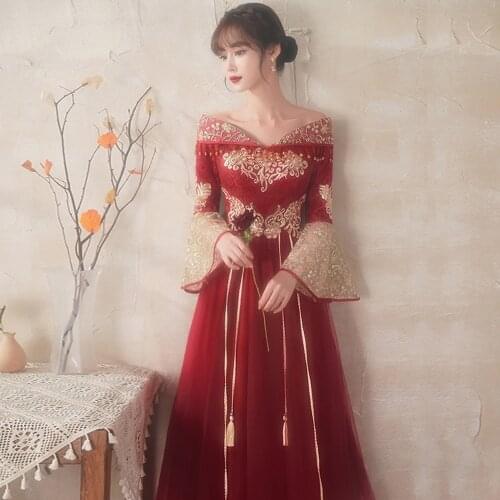 Chinese Womens Wedding Dress Wine Red-Summer Thin Style (Support Customized)
