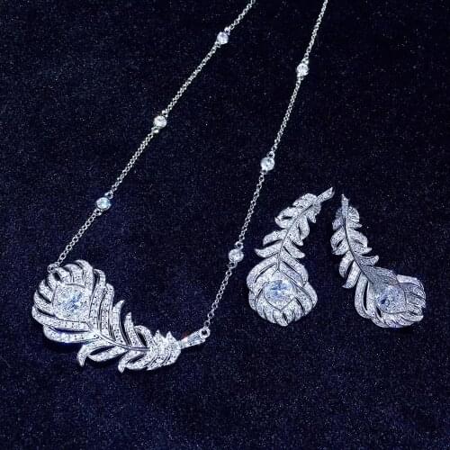 Jewelry set 925 sterling silver with cubic zircon feather pendant necklace and drop earring fine women jewelry free shipping